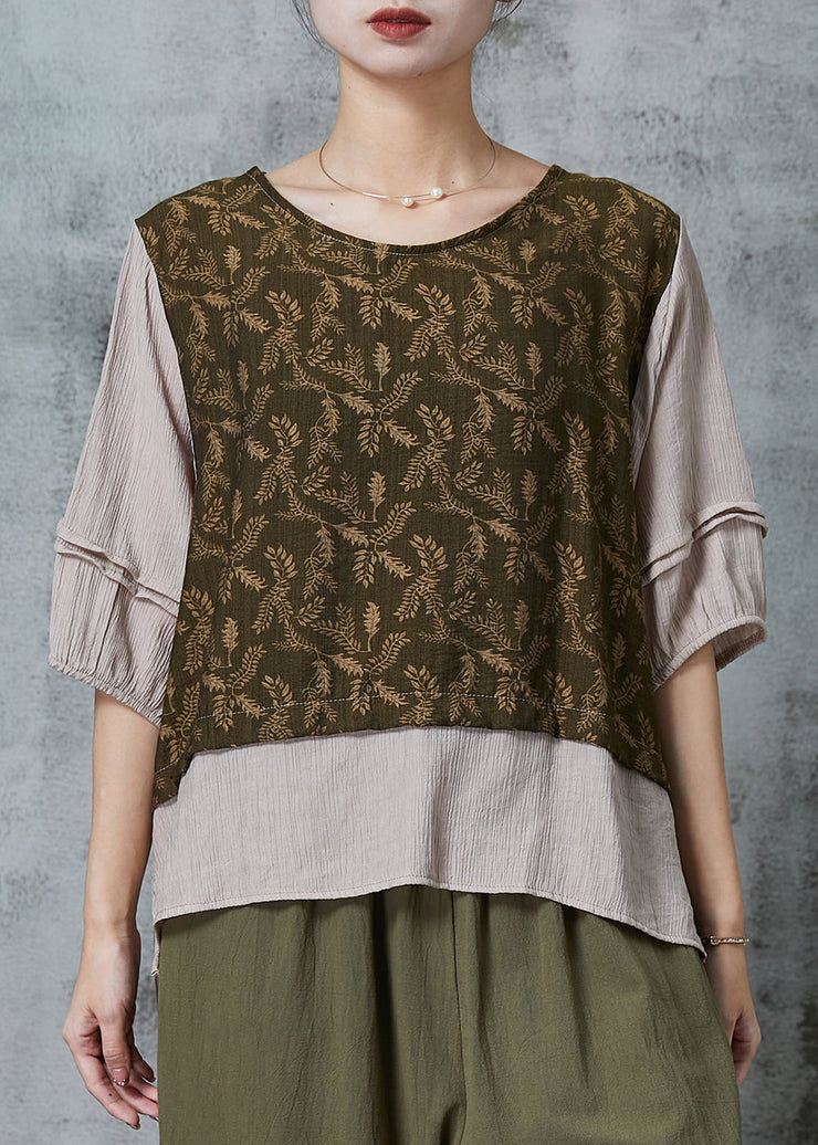 Unique Green Oversized Patchwork Cotton Fake Two Piece Top Half Sleeve