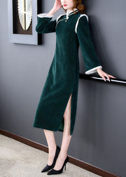 Unique Green Patchwork Side Open Thick Velour Maxi Dress Long Sleeve