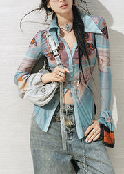 Unique Green Peter Pan Collar Print Button Tulle Shirts Flare Sleeve