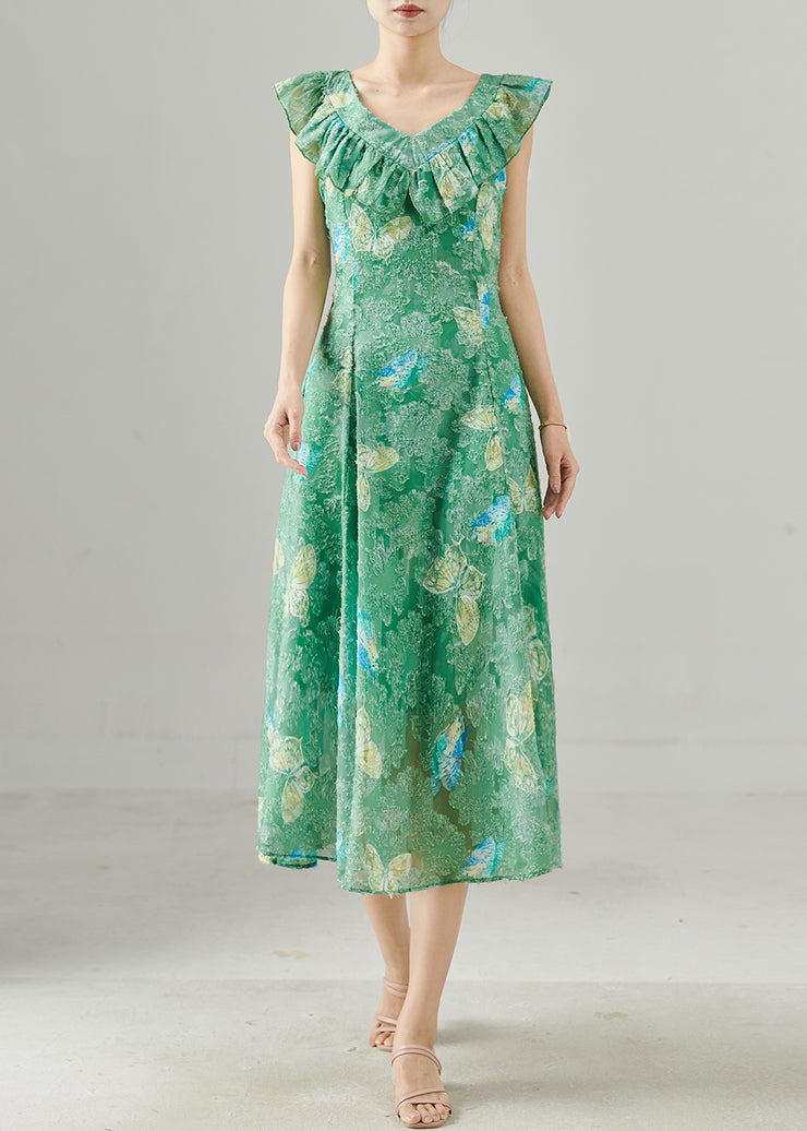 Unique Green Ruffled Butterfly Silk Long Dress Summer