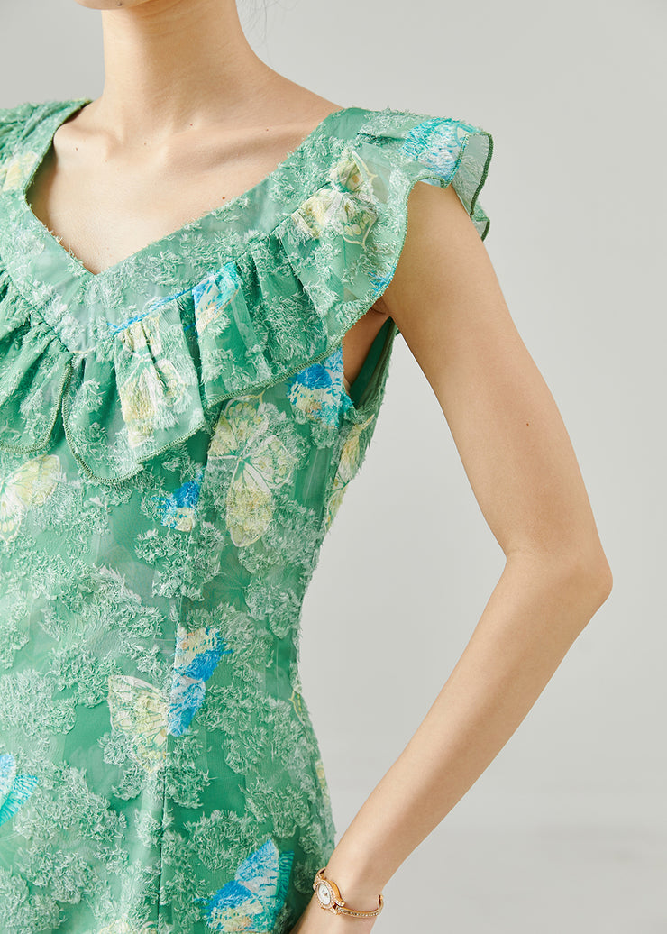 Unique Green Ruffled Butterfly Silk Long Dress Summer