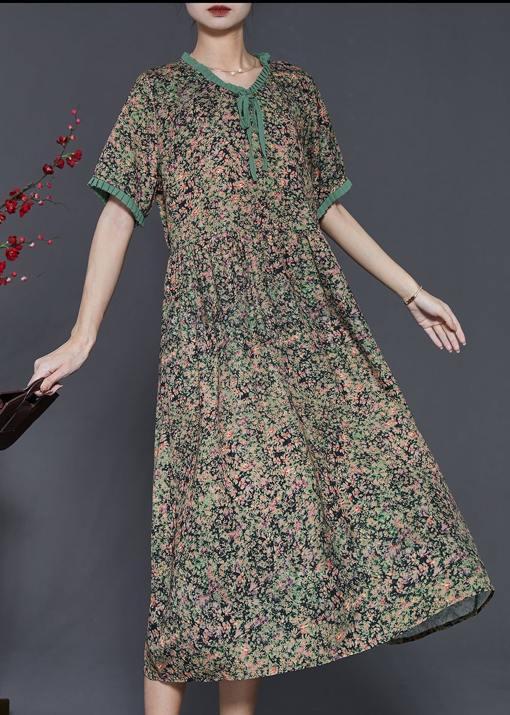 Unique Green Ruffled Print Chiffon Robe Dresses Summer – SooLinen