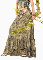 Unique Green Ruffled Print Patchwork A Line Skirts