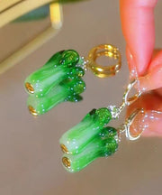 Unique Green Sterling Silver Overgild Colored Glaze Chinese Cabbage Drop Earrings