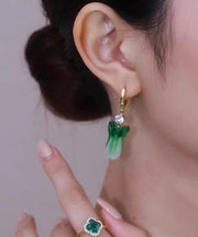 Unique Green Sterling Silver Overgild Colored Glaze Chinese Cabbage Drop Earrings