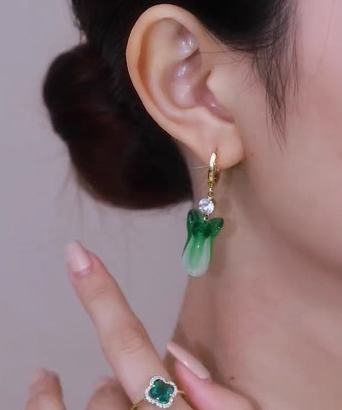 Unique Green Sterling Silver Overgild Colored Glaze Chinese Cabbage Drop Earrings