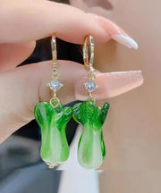 Unique Green Sterling Silver Overgild Colored Glaze Chinese Cabbage Drop Earrings