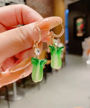 Unique Green Sterling Silver Overgild Colored Glaze Chinese Cabbage Drop Earrings