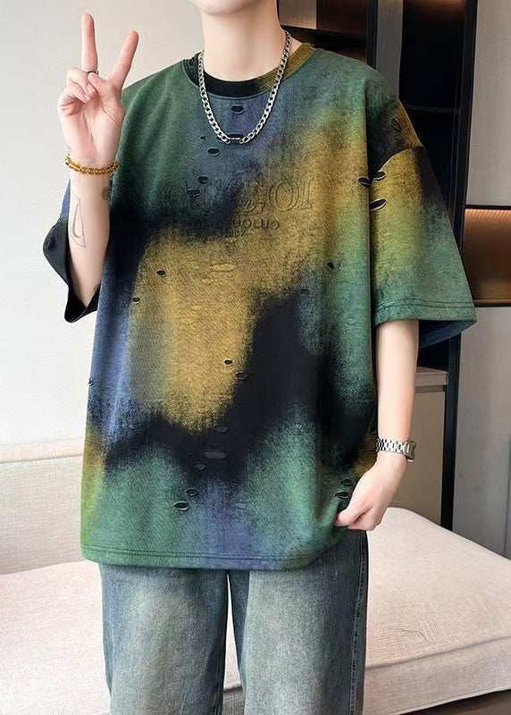 Unique Green Tie Dye Hole Cotton Men T Shirt Summer