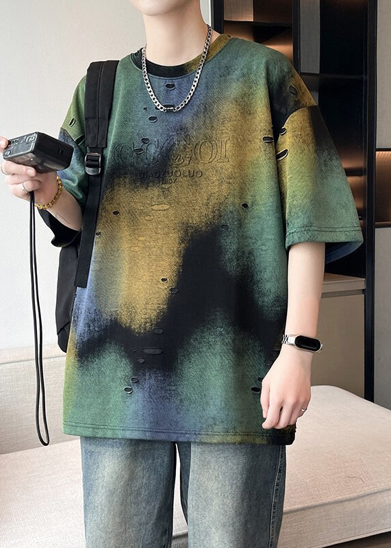 Unique Green Tie Dye Hole Cotton Men T Shirt Summer
