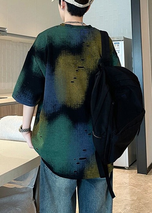Unique Green Tie Dye Hole Cotton Men T Shirt Summer
