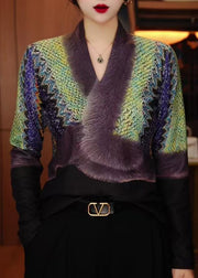 Unique Green V Neck Patchwork Warm Fleece Top Winter