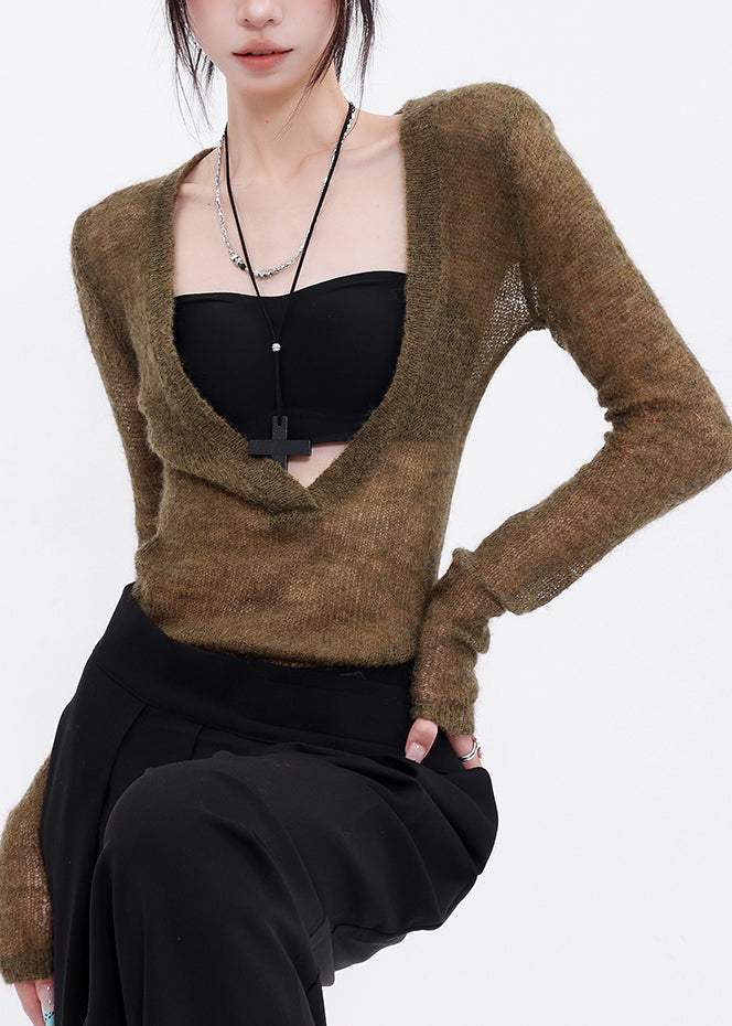 Unique Green V Neck Thin Knit Blouse Top Fall