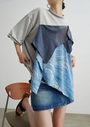 Unique Grey Asymmetrical Patchwork Cotton T Shirts Summer