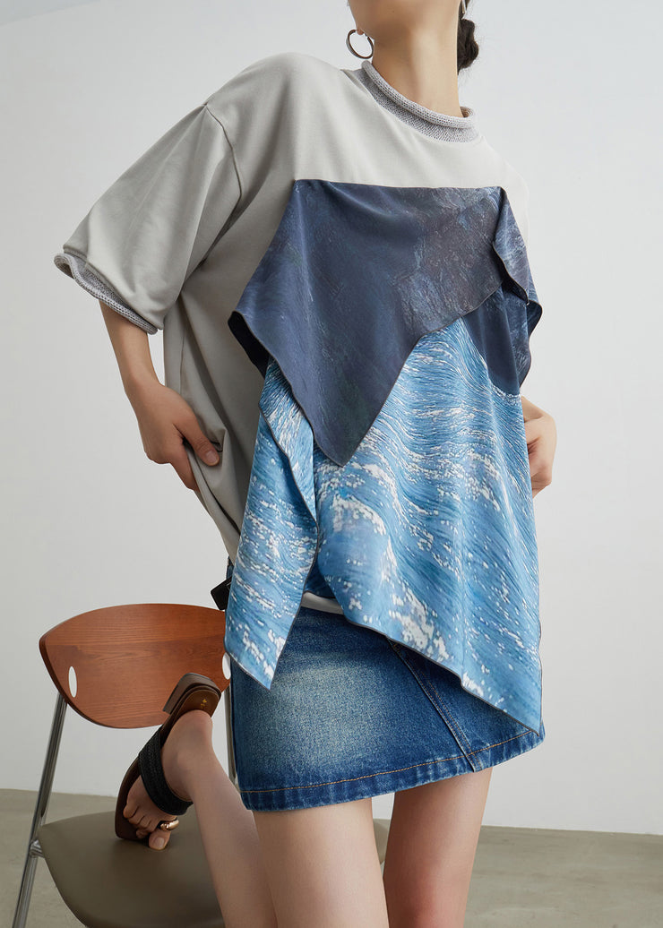Unique Grey Asymmetrical Patchwork Cotton T Shirts Summer