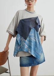 Unique Grey Asymmetrical Patchwork Cotton T Shirts Summer
