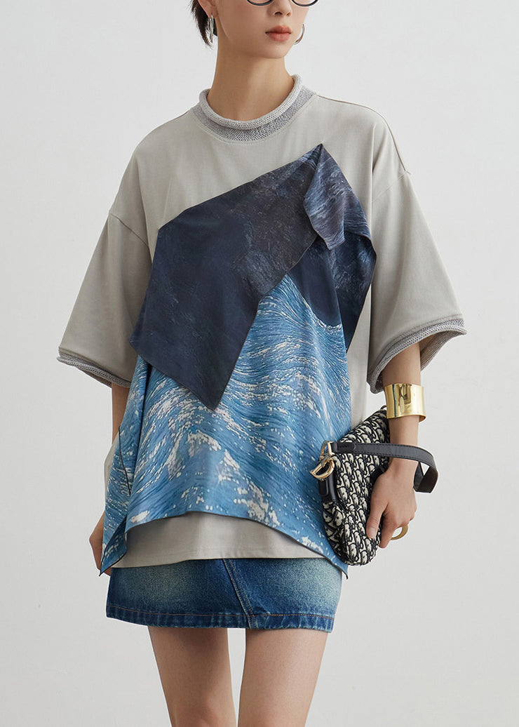 Unique Grey Asymmetrical Patchwork Cotton T Shirts Summer
