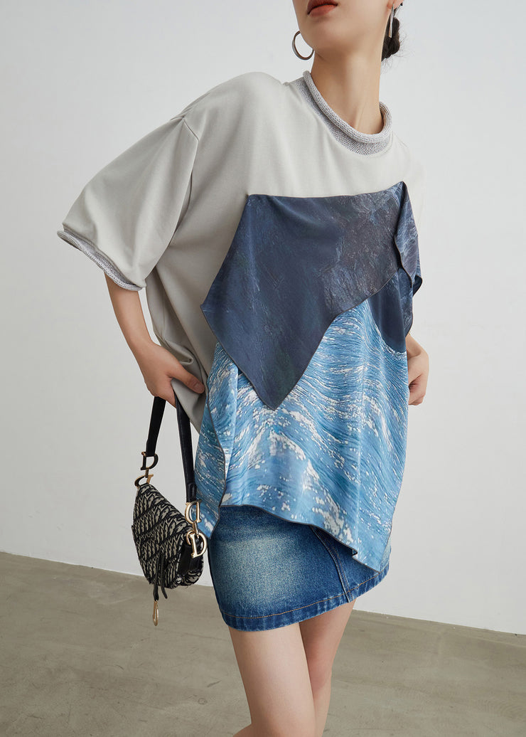 Unique Grey Asymmetrical Patchwork Cotton T Shirts Summer