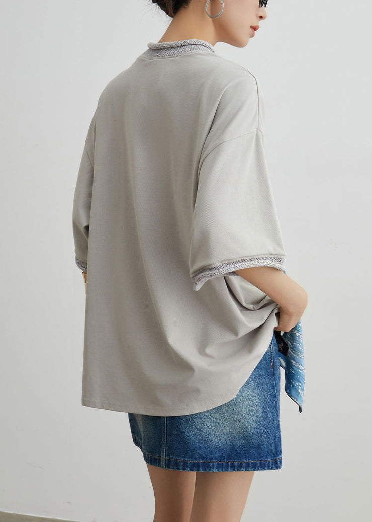Unique Grey Asymmetrical Patchwork Cotton T Shirts Summer
