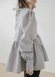 Unique Grey Emboss Back Lace Up Cotton Blouse Tops Fall