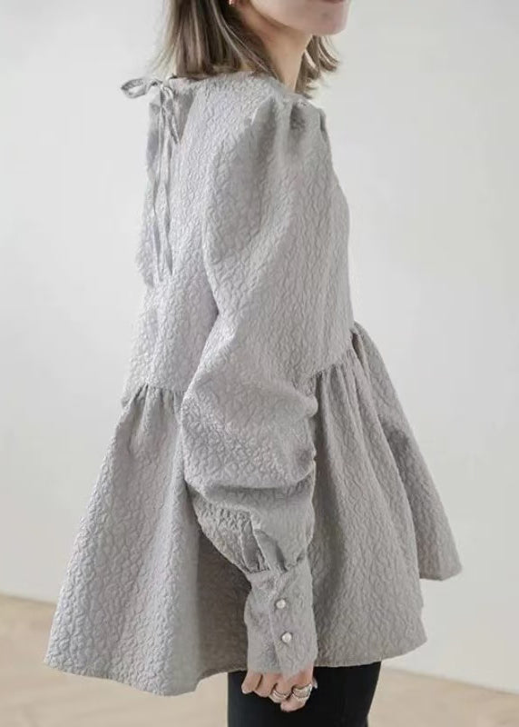 Unique Grey Emboss Back Lace Up Cotton Blouse Tops Fall