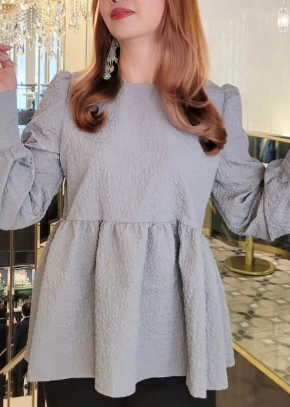 Unique Grey Emboss Back Lace Up Cotton Blouse Tops Fall