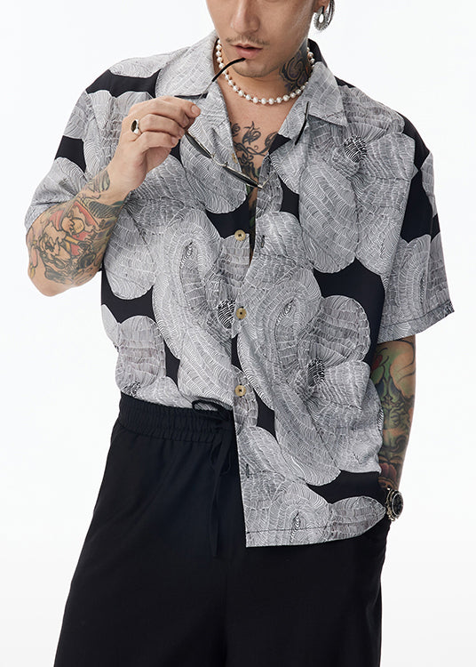 Unique Grey Peter Pan Collar Original Design Cotton Shirt Men Summer