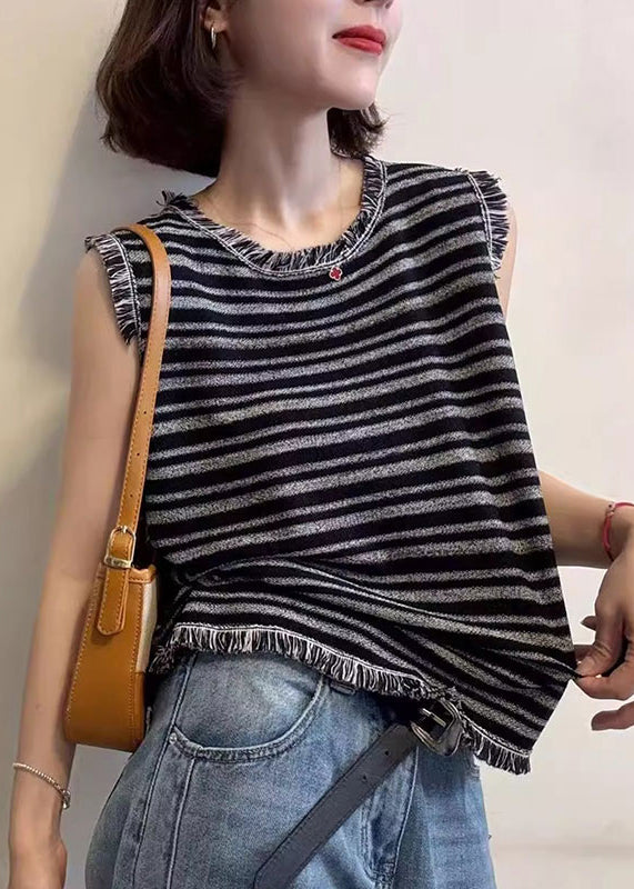 Unique Grey Tasseled Striped Cotton Tank Tops Sleeveless