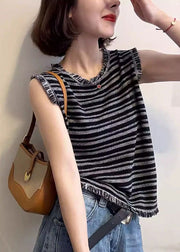 Unique Grey Tasseled Striped Cotton Tank Tops Sleeveless