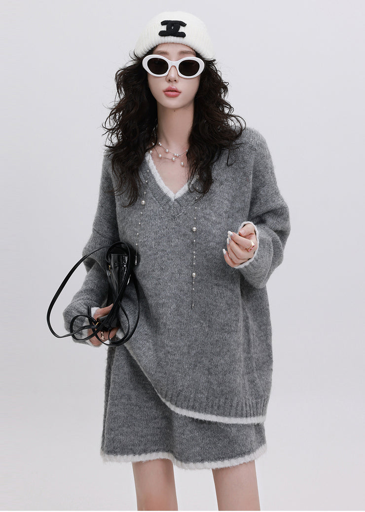 Unique Grey V Neck Patchwork Knit Two Pieces Set Winter