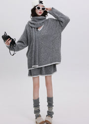 Unique Grey V Neck Patchwork Knit Two Pieces Set Winter