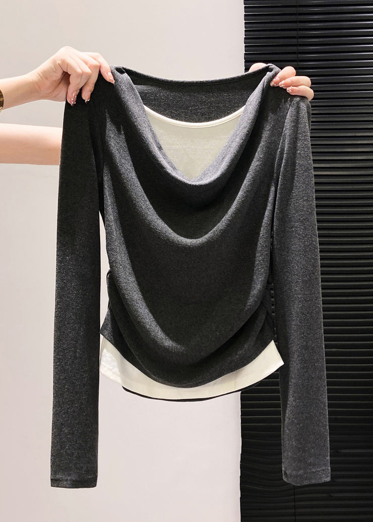 Unique Grey Wrinkled Patchwork Cotton Shirts Fall