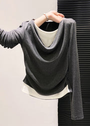 Unique Grey Wrinkled Patchwork Cotton Shirts Fall