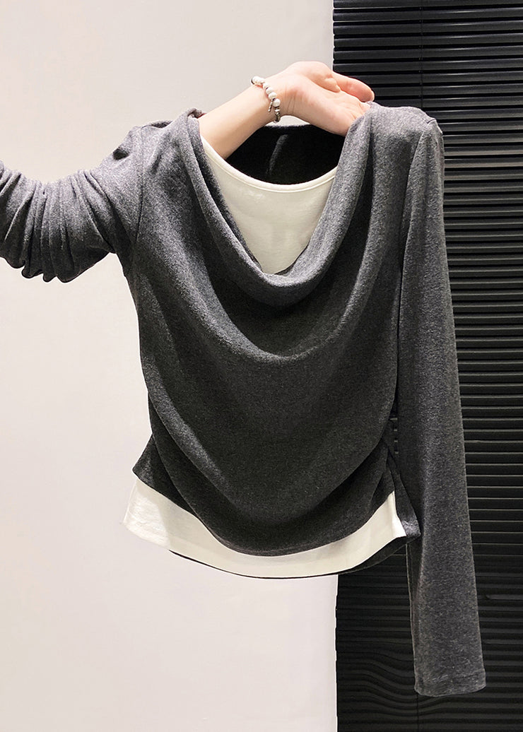 Unique Grey Wrinkled Patchwork Cotton Shirts Fall