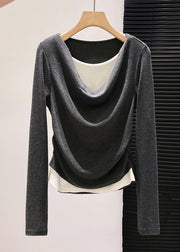 Unique Grey Wrinkled Patchwork Cotton Shirts Fall