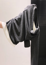 Unique Grey Wrinkled Patchwork Cotton Shirts Fall