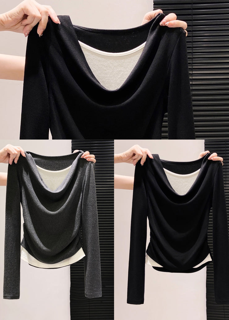 Unique Grey Wrinkled Patchwork Cotton Shirts Fall