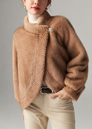 Unique Khaki Asymmetrical Warm Faux Mink Velvet Short Coat Winter