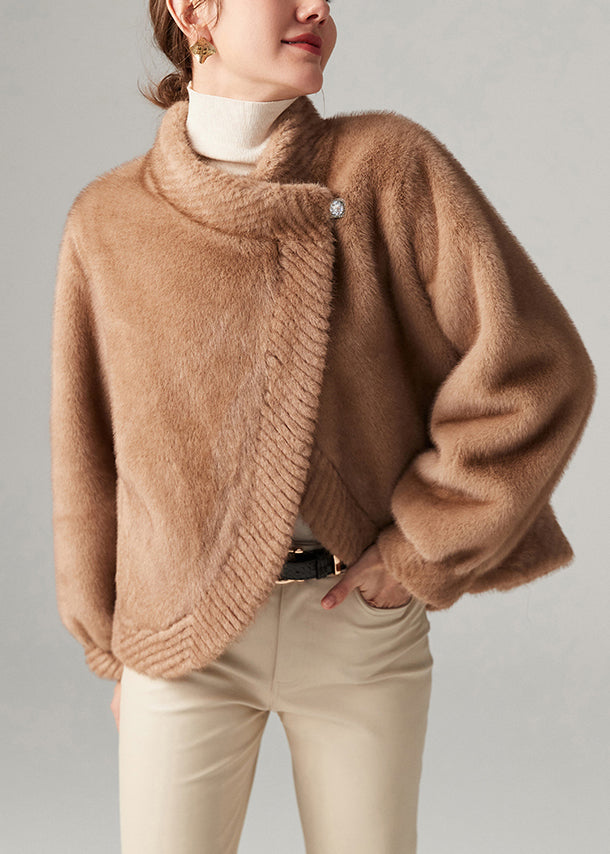 Unique Khaki Asymmetrical Warm Faux Mink Velvet Short Coat Winter