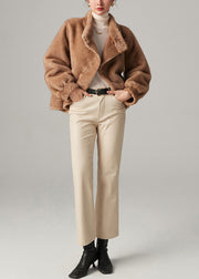 Unique Khaki Asymmetrical Warm Faux Mink Velvet Short Coat Winter