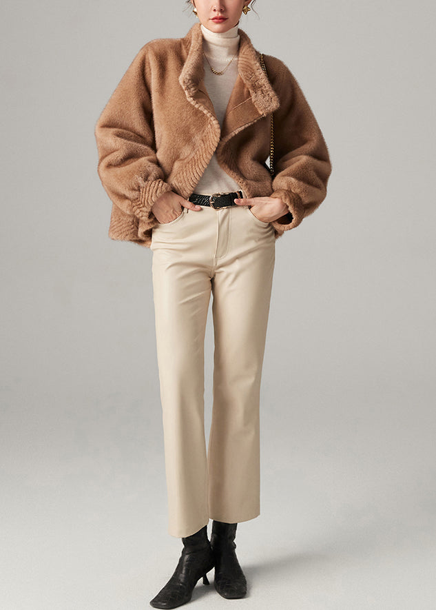 Unique Khaki Asymmetrical Warm Faux Mink Velvet Short Coat Winter