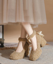Unique Khaki Bow Splicing Chunky High Heels Faux Fur