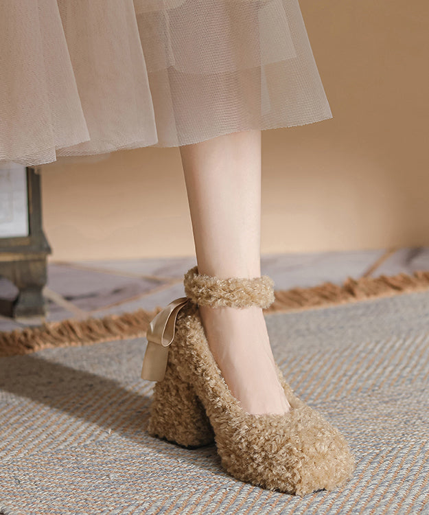 Unique Khaki Bow Splicing Chunky High Heels Faux Fur