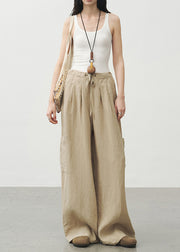 Unique Khaki Pockets Drawstring Lace Up Linen Pants Summer