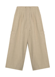 Unique Khaki Pockets Drawstring Lace Up Linen Pants Summer
