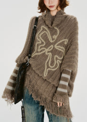 Unique Khaki Turtle Neck Tasseled Knitted Tops Batwing Sleeve