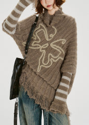 Unique Khaki Turtle Neck Tasseled Knitted Tops Batwing Sleeve