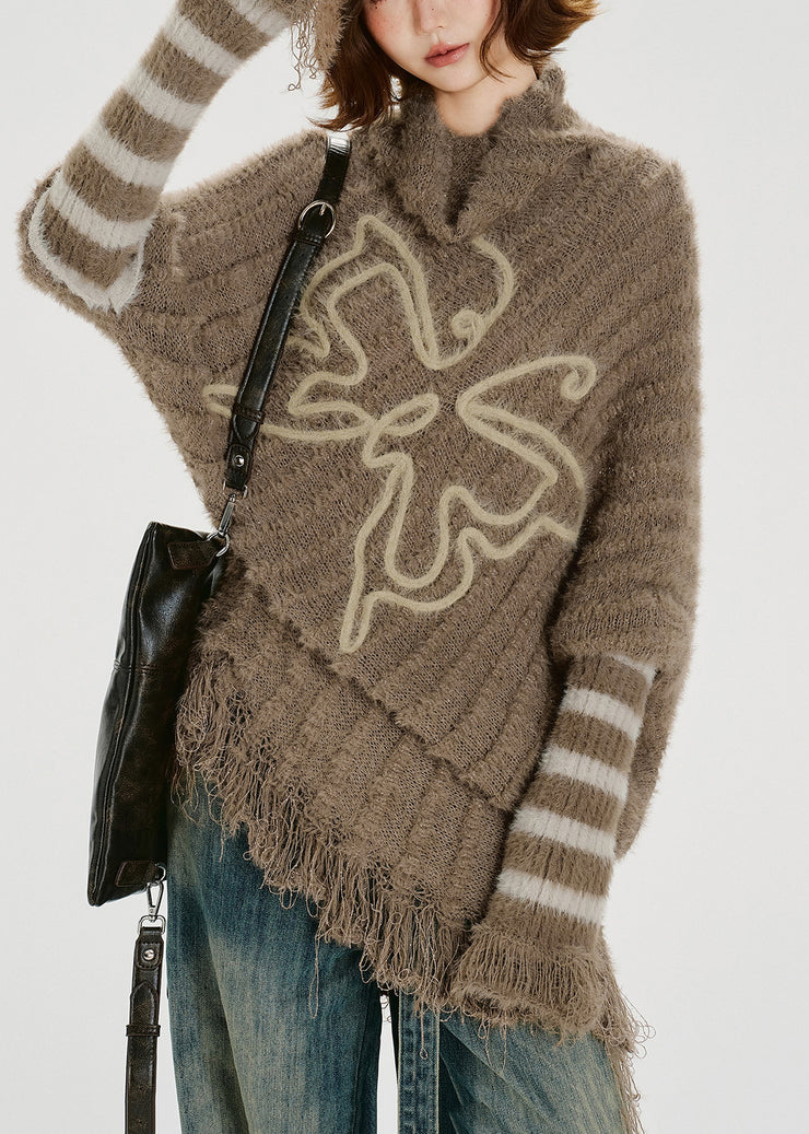 Unique Khaki Turtle Neck Tasseled Knitted Tops Batwing Sleeve