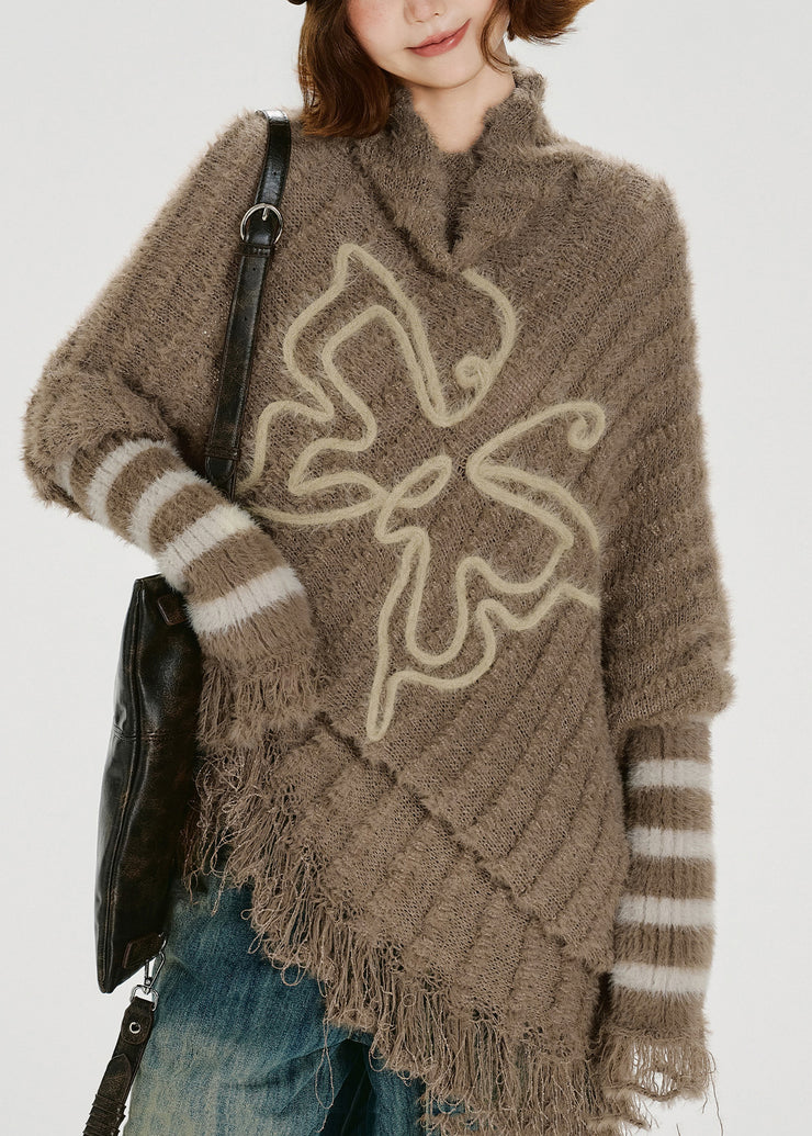Unique Khaki Turtle Neck Tasseled Knitted Tops Batwing Sleeve