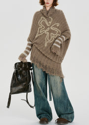 Unique Khaki Turtle Neck Tasseled Knitted Tops Batwing Sleeve